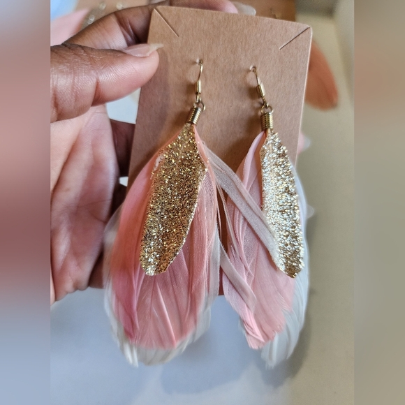 Lightweight Women's Gold and Pink Feather Stud Earrings Handmade Locally - Picture 3 of 14